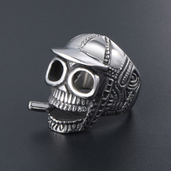 Skull Ring With Baseball Cap and Cigarette - 560001