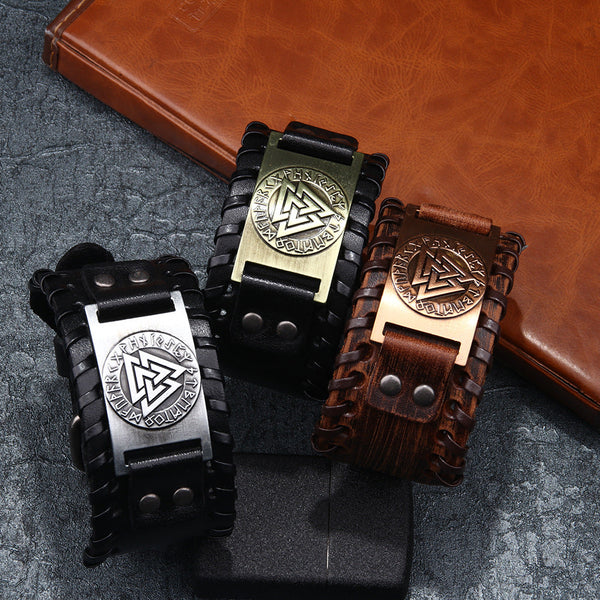 Runes Valknut Wristband Alloy Leather Viking Bracelet