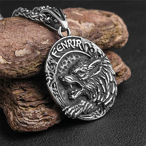 Viking Fenrir Helm of Awe Rune Stainless Steel Wolf Pendant