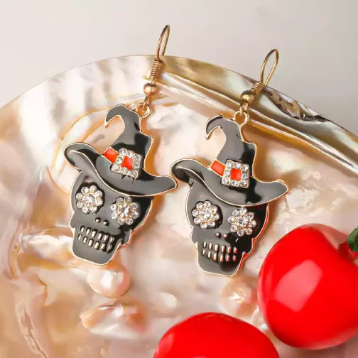 Halloween Skull Dark Witch Hat Earrings