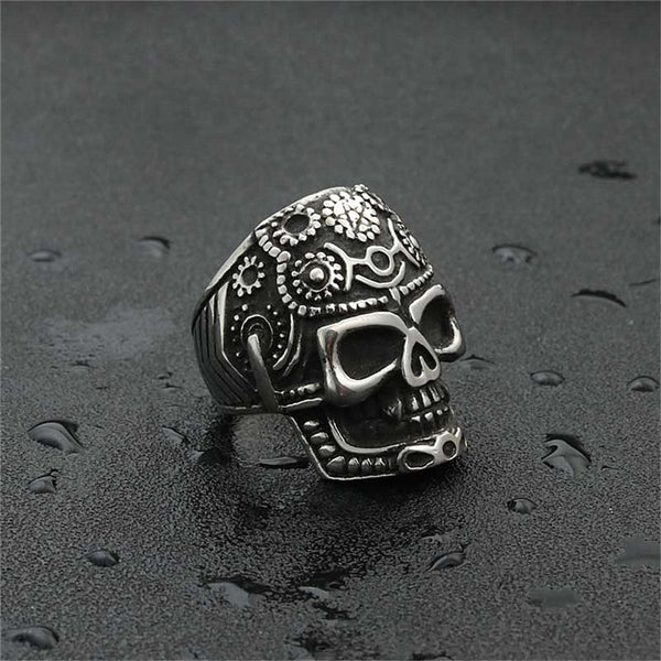 Sugar Skull Ring With Pentagram - Stainless Steel 100028