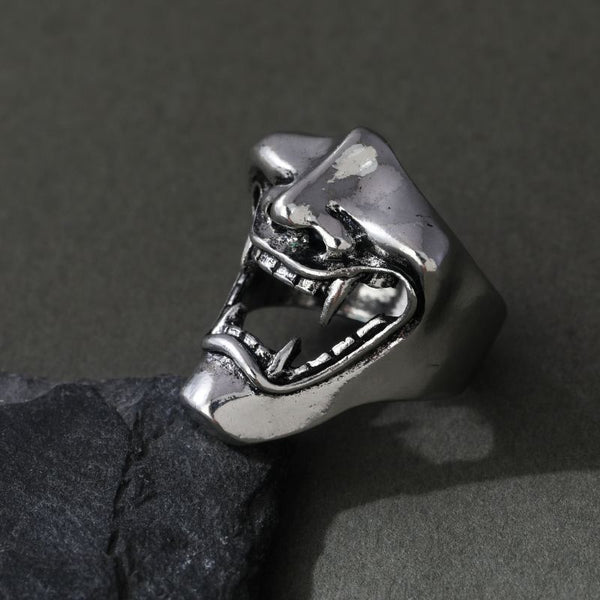 Skull Ring with Japanese Demon Mask