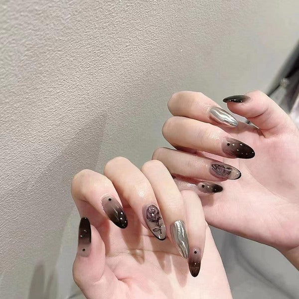 [2024  SALE] Dark Night Roses Black Ombre and Metal Glitter Almond Press On Nails