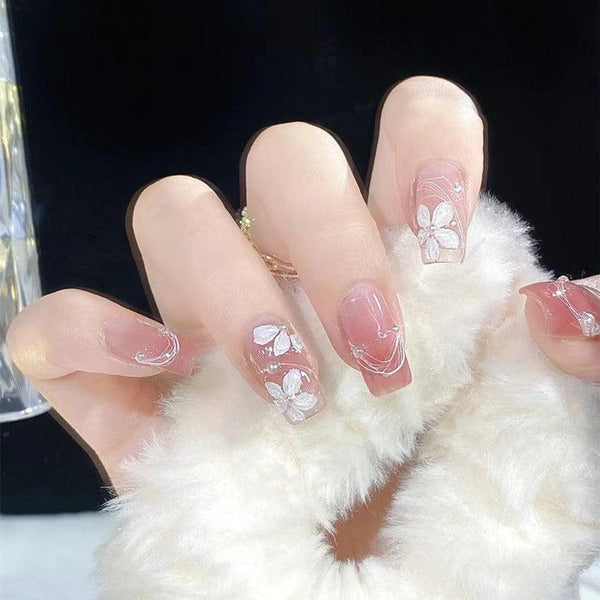 [2024  SALE] Petal Pink with Flowers and Pearls Medium Length Press-On Nails