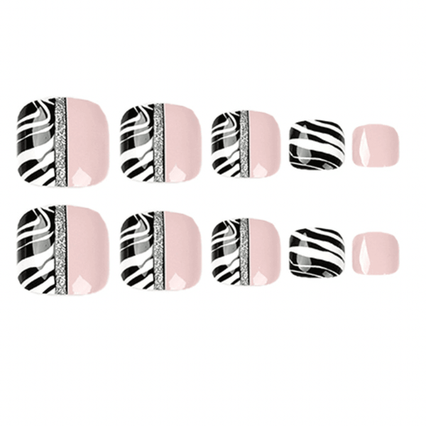 Black and White Stripes Light Milk Pink Collage with Silver Lining Toe Press On Nails