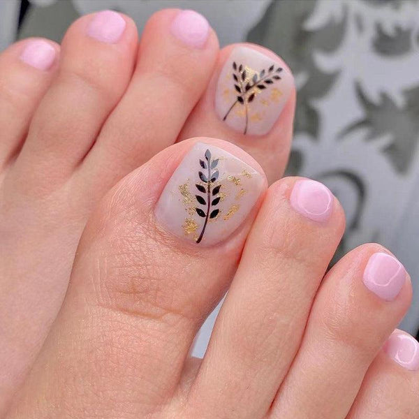 Boho Leaves with Gold Foil Light Pale Pink and Nude Toe Press-On Nails