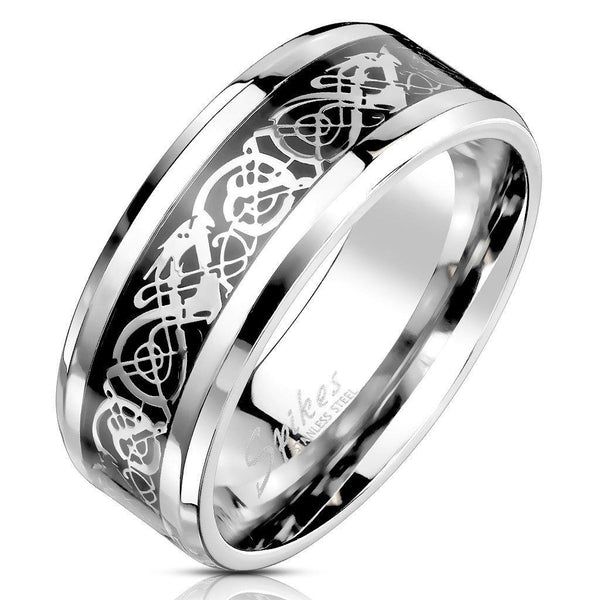 Celtic Dragon Stainless Steel Ring With Inlaid Steel Foil