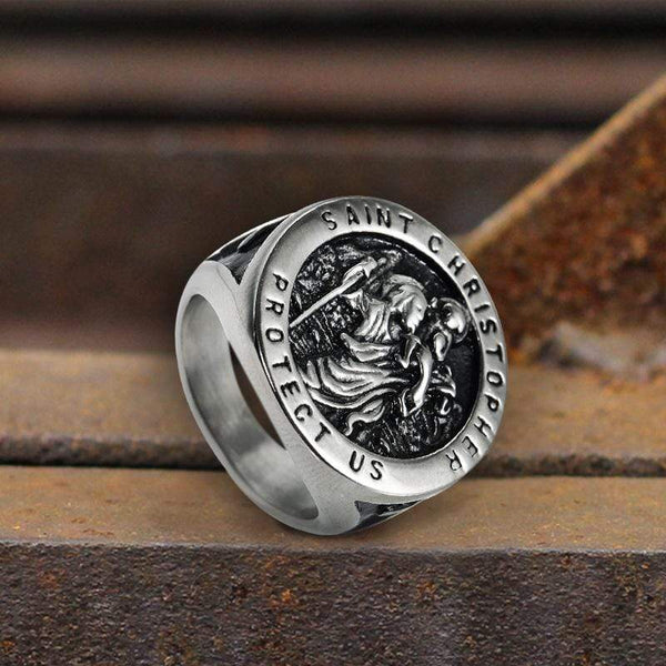 Saint Christopher Protect Us Stainless Steel Cross Ring