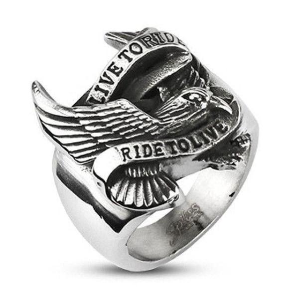 "Live To Ride Ride To Live" Eagle Biker Ring - Stainless Steel R11894